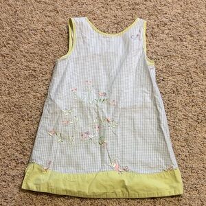 Gymboree Green Trim White Gingham Dress with Pastel Embroidery